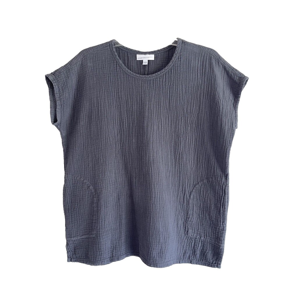 Pure Jill Dark Gray Organic Cotton Boxy Top Size M Gauzy Lagenlook Short Sleeve